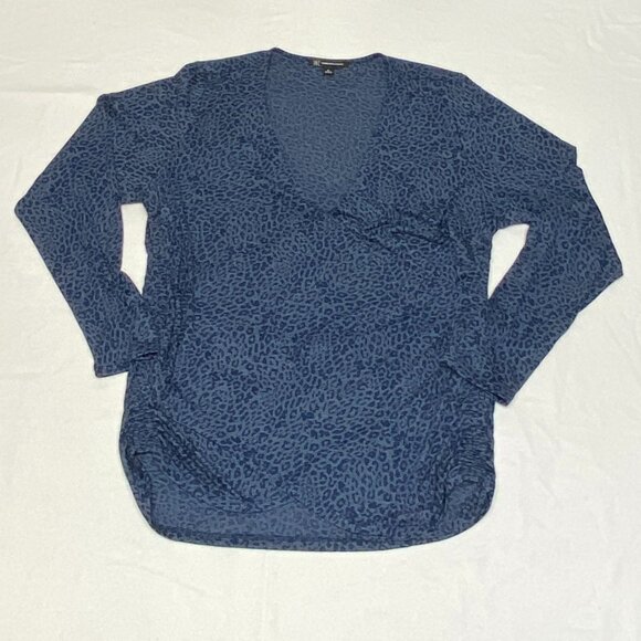 INC Burnout V Neck Faux Wrap Shirred Side Blouse Blue Leopard 1X Long Sleeve - Picture 7 of 12